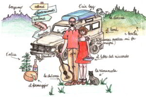 Un disegno rappresentante Bruno ed Elena da giovani, con il Landrover